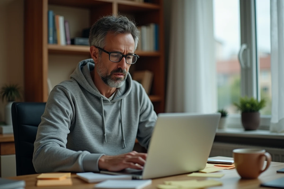 Homme travaillant depuis chez lui découvrant un email de phishing sur son ordinateur portable