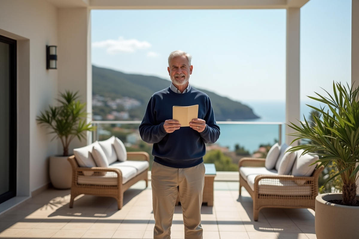 Homme âgé souriant sur une terrasse avec vue sur un village côtier