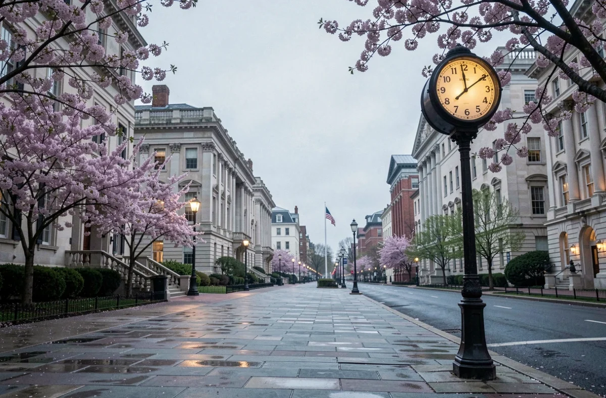 Horloge publique sur Pennsylvania Avenue à Washington D.C. indiquant l'heure lors du passage à l'heure d'été au printemps 2026