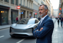 Ingénieur automobile devant prototype de voiture électrique en ville
