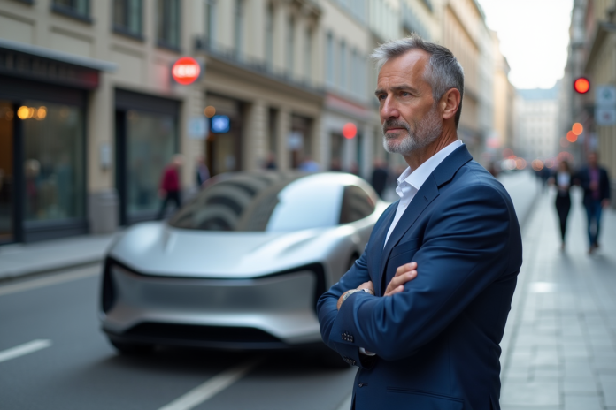 ingenieur-automobile-electrique-ville Ingénieur automobile devant prototype de voiture électrique en ville