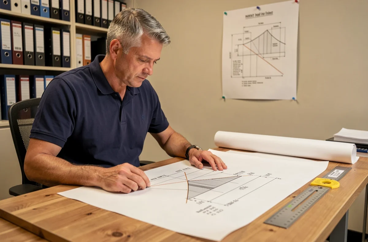 Ingénieur analysant un diagramme technique de conversion d'angles en pourcentage de pente sur une table à dessin professionnelle