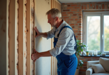 Rénovation énergétique : travaux efficaces pour économiser Homme en salopette installe l'isolation dans une maison moderne