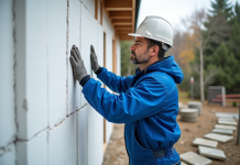 Ouvrier appliquant panneaux d'isolation polystyrene sur maison