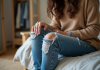 Jeans abîmés : Pourquoi s’usent-ils si vite ? Conseils pour les préserver Jeune femme examine ses jeans usés dans une chambre chaleureuse
