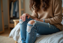 Jeans abîmés : Pourquoi s’usent-ils si vite ? Conseils pour les préserver Jeune femme examine ses jeans usés dans une chambre chaleureuse
