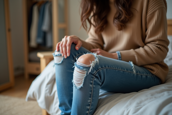 Jeune femme examine ses jeans usés dans une chambre chaleureuse