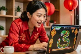 Jeune femme jouant au jeu Google de l'Année du Serpent sur un ordinateur portable, entourée de décorations du Nouvel An chinois