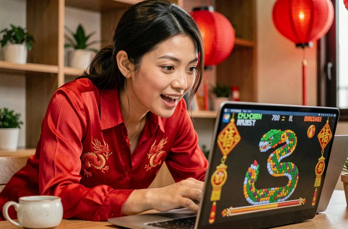 Jeune femme jouant au jeu Google de l'Année du Serpent sur un ordinateur portable, entourée de décorations du Nouvel An chinois