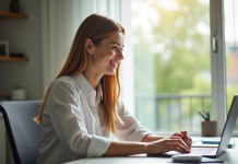Jeune adulte souriant utilisant un ordinateur portable dans un bureau lumineux