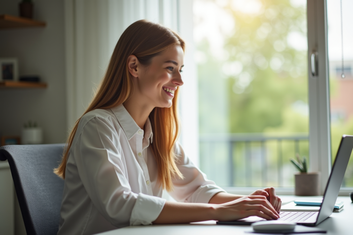 Jeune adulte souriant utilisant un ordinateur portable dans un bureau lumineux