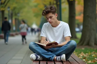 Jeune adulte assis sur un banc de parc en ville en train de journaliser