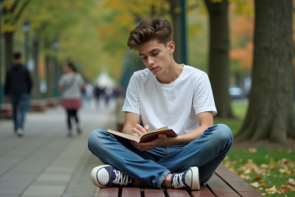 Jeune adulte assis sur un banc de parc en ville en train de journaliser