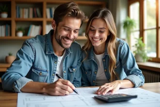 Jeune couple souriant plan maison dans un bureau lumineux