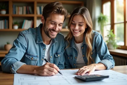 Jeune couple souriant plan maison dans un bureau lumineux