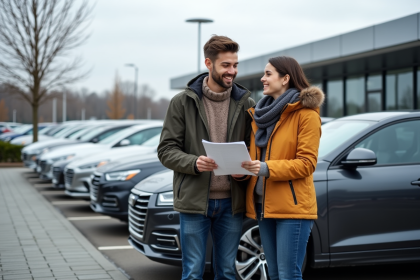 Jeune couple souriant devant une voiture moderne à un concessionnaire