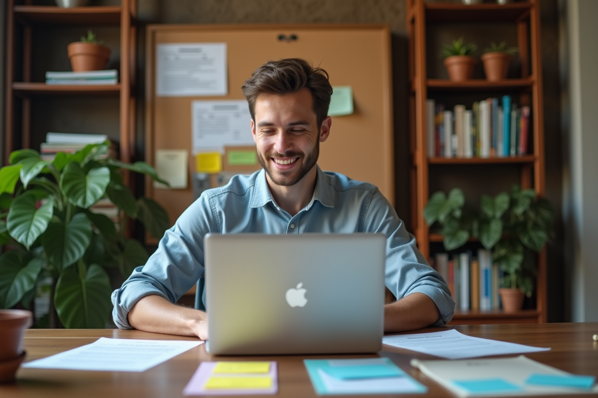 Jeune entrepreneur dans son bureau à domicile avec documents et notes