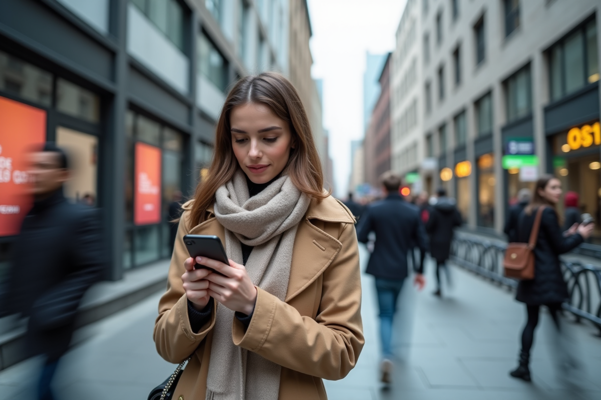 Jeune femme vérifiant les actualités économiques dans un quartier d