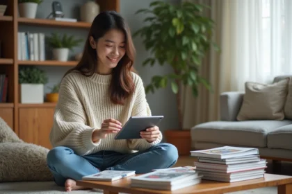 Jeune femme souriante avec tablette et mangas dans un salon cosy