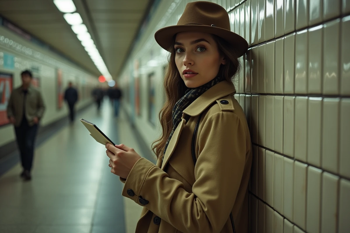 Jeune femme en trench et chapeau vintage dans le métro