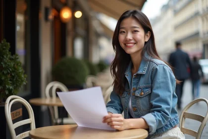 Jeune femme asiatique souriante dans un café parisien