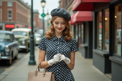 Jeune femme en robe à pois vintage dans la ville des années 50