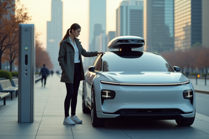 Jeune femme curieuse devant une voiture autonome moderne