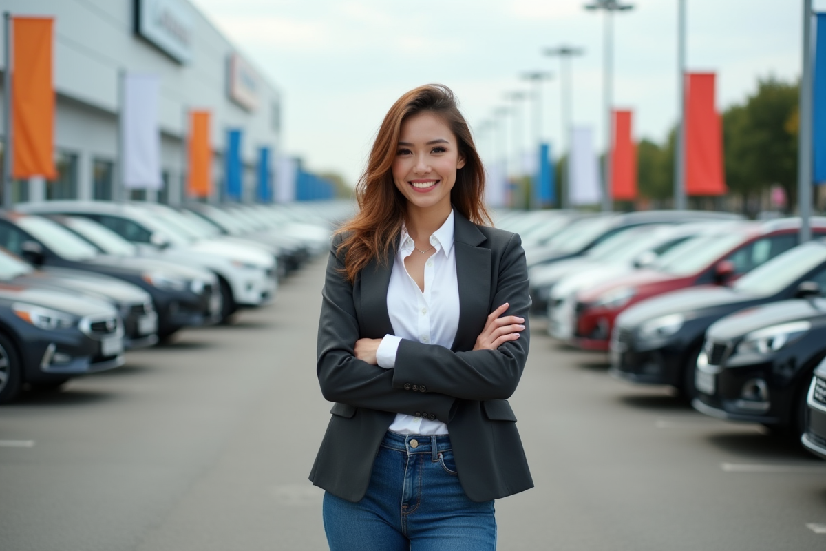 Jeune femme souriante devant voitures neuves