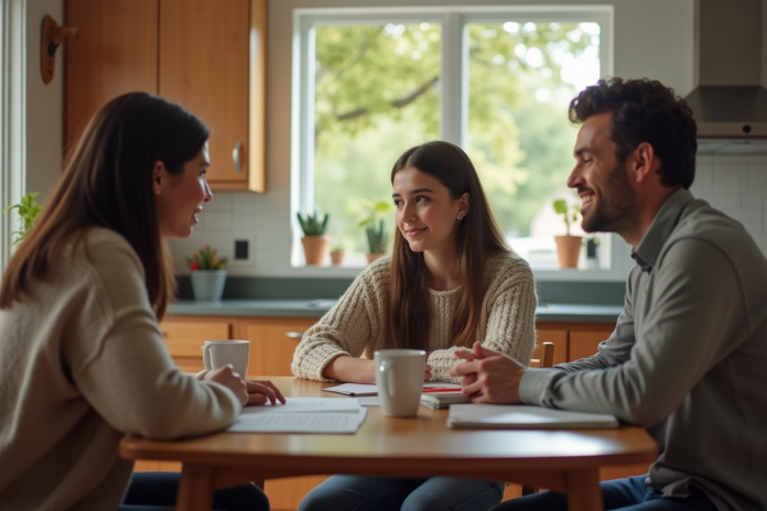 jeune-fille-conversation-famille Jeune fille de 16 ans en conversation avec ses parents dans la cuisine