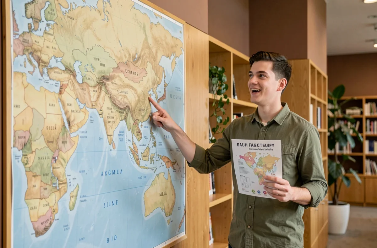 Jeune homme consultant une fiche pays devant une grande carte murale de l'Asie dans une bibliothèque