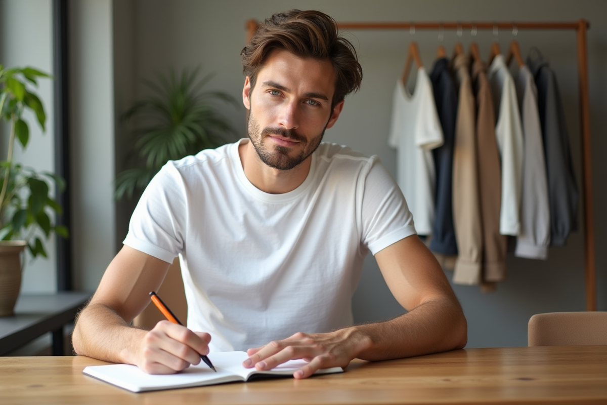 Jeune homme écrivant des noms pour son armoire dans un salon lumineux