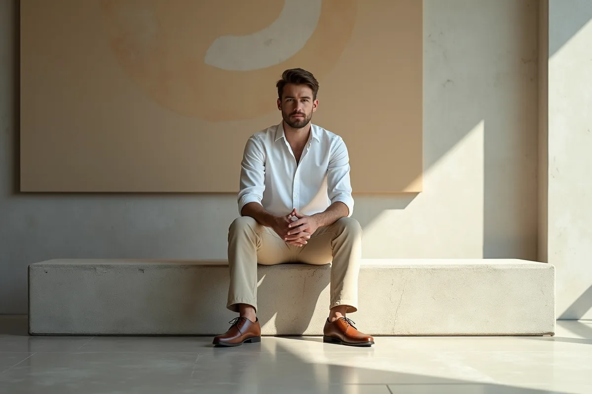 Jeune homme en pantalon beige dans une galerie lumineuse