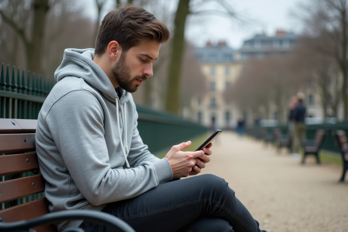 Jeune homme utilisant son smartphone pour répondre à un quiz d'opinions politiques dans un parc parisien