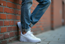 Jeune homme en ville portant des Nike Air Force 1 blanches
