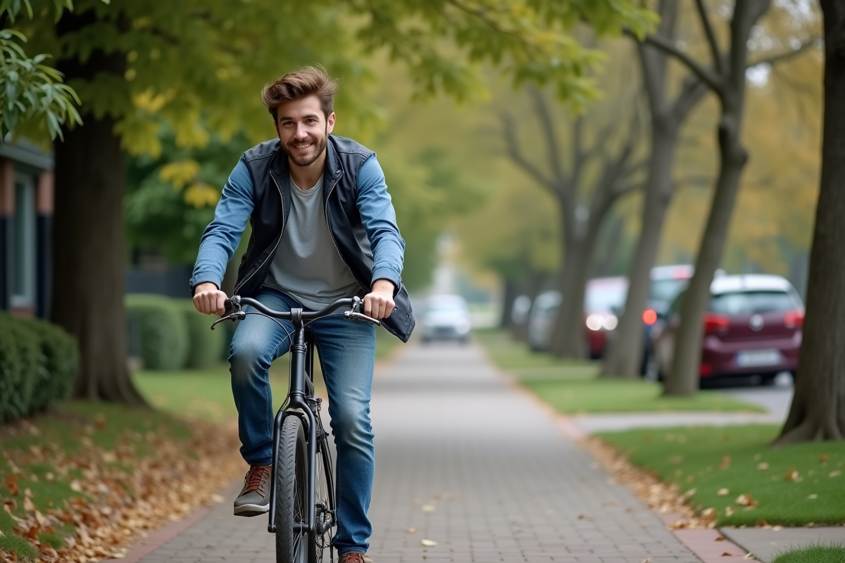 Jeune homme en jean pédale dans un quartier résidentiel