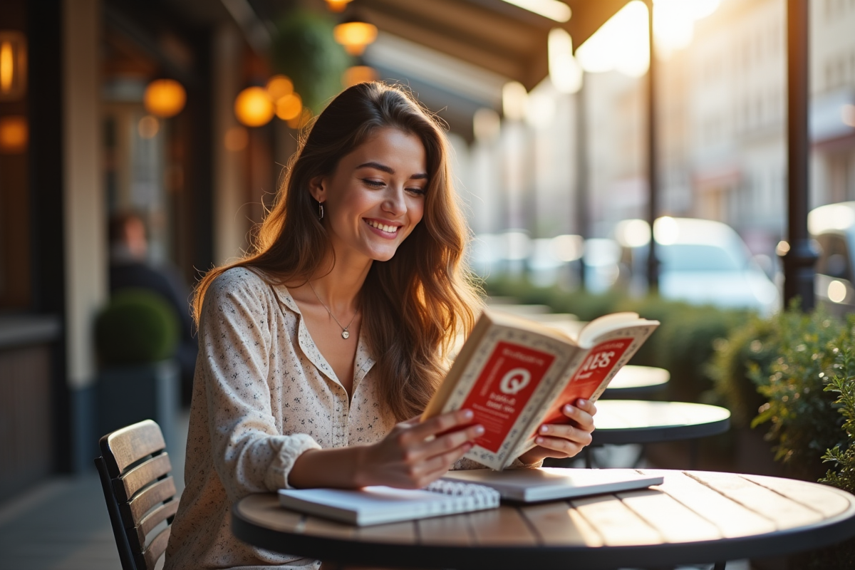 Jeune adulte lisant un livre sur les jobs commençant par Q au café
