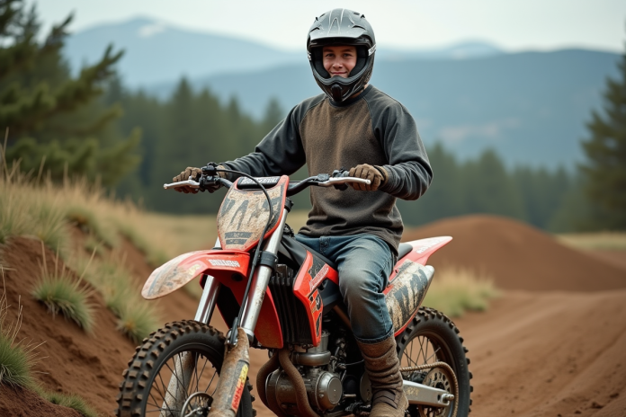 jeune-motocross-milieu-plein-air Jeune homme en motocross avec vélo tout-terrain en nature