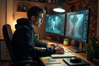 Joueur concentré devant un écran de jeu vidéo fantasy avec une check-list manuscrite pour compléter une quête