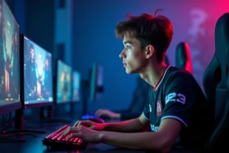 Joueur de League of Legends concentré devant ses écrans lors d'une compétition esports de type Worlds 2026