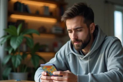 Joueur adulte concentré sur Monopoly GO sur smartphone dans un appartement moderne