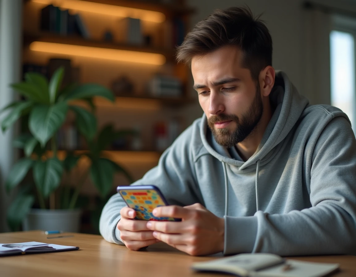 Joueur adulte concentré sur Monopoly GO sur smartphone dans un appartement moderne