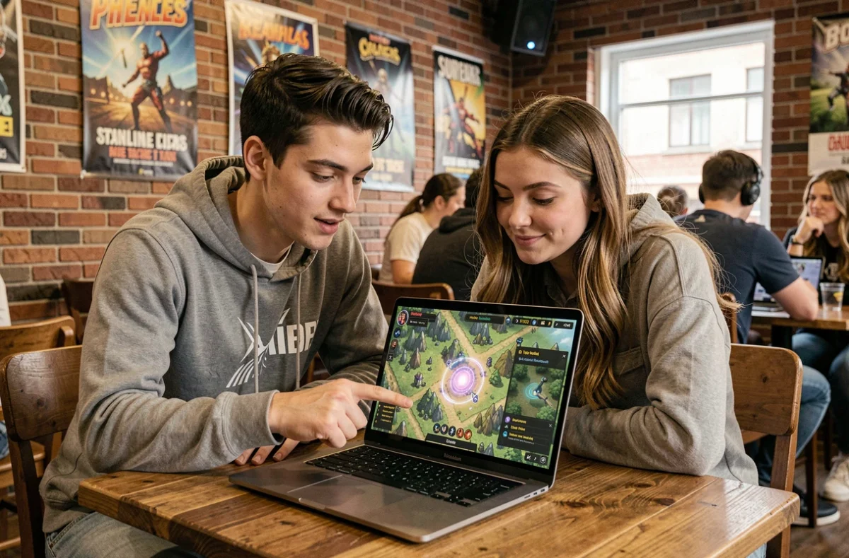 Deux joueurs débutants explorant ensemble les portails Dofus dans un café gaming