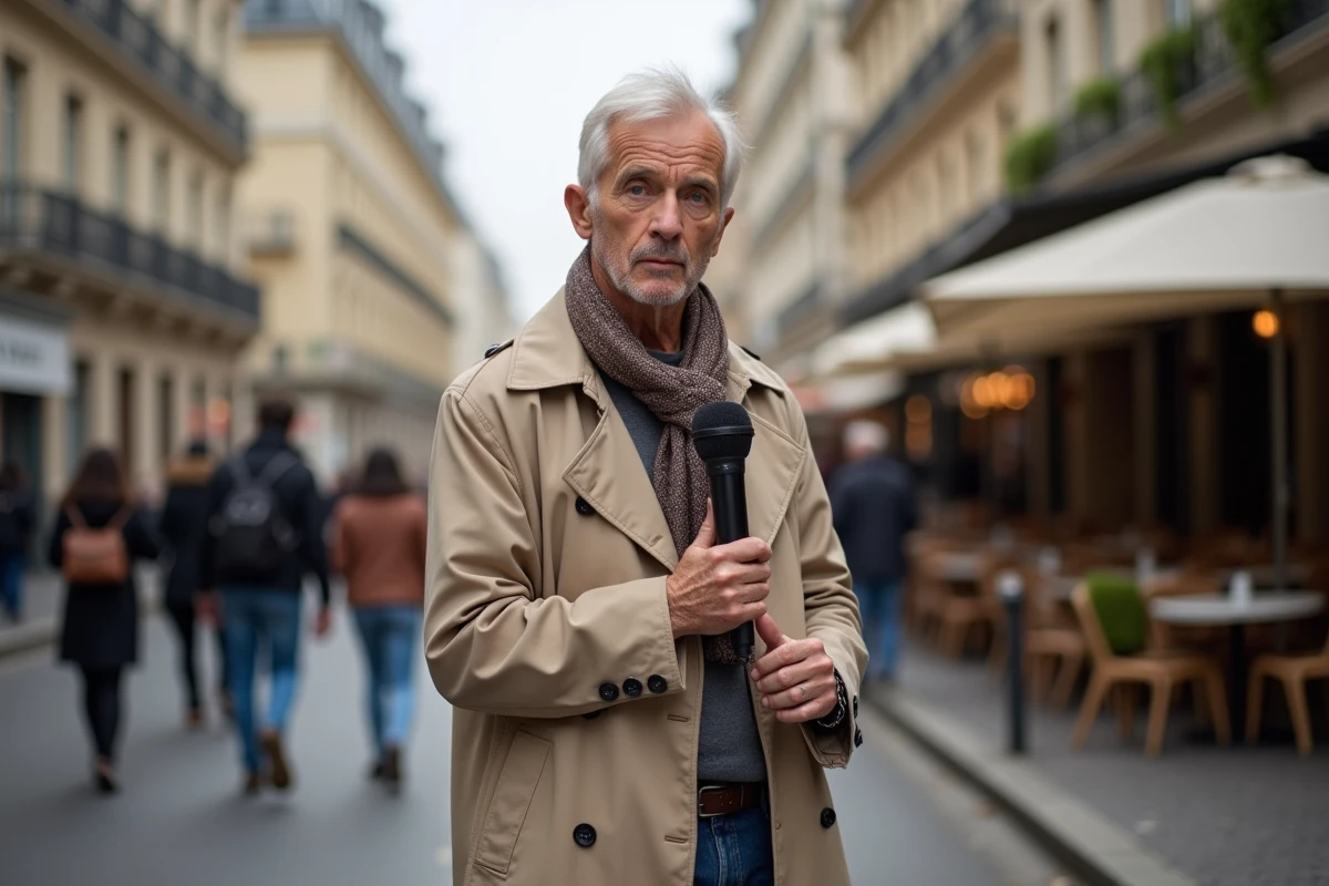 Journaliste française parlant dans la rue avec bâtiments haussmannien en arrière-plan