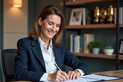 Femme française dans un studio radio moderne en train de revoir ses notes