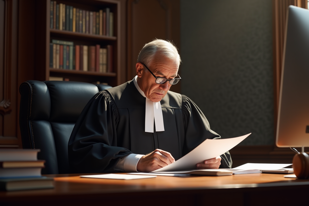 Juge en robe noire dans son bureau lisant un document juridique