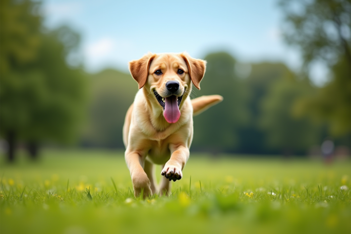 Labrador joyeux courant dans un parc ensoleille