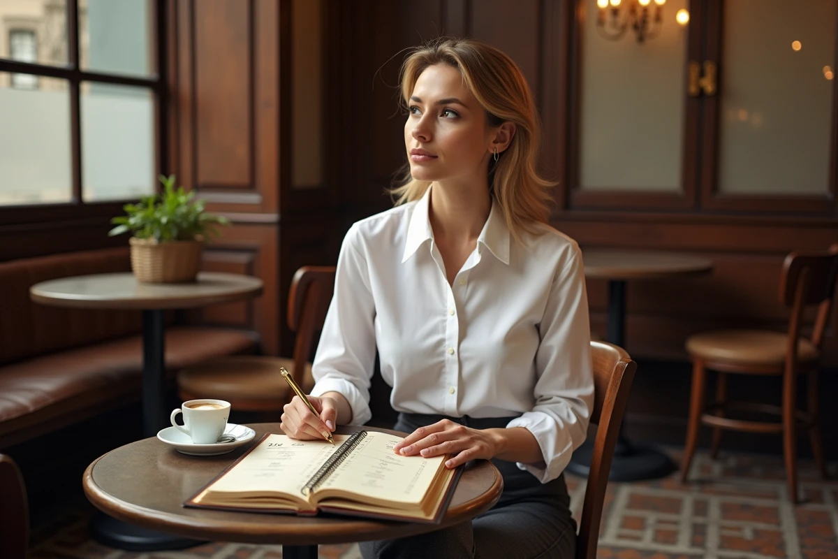Femme consultant un agenda de chronologie personnelle dans un café parisien, symbolisant la biographie et les dates clés du parcours de Laurène Godey