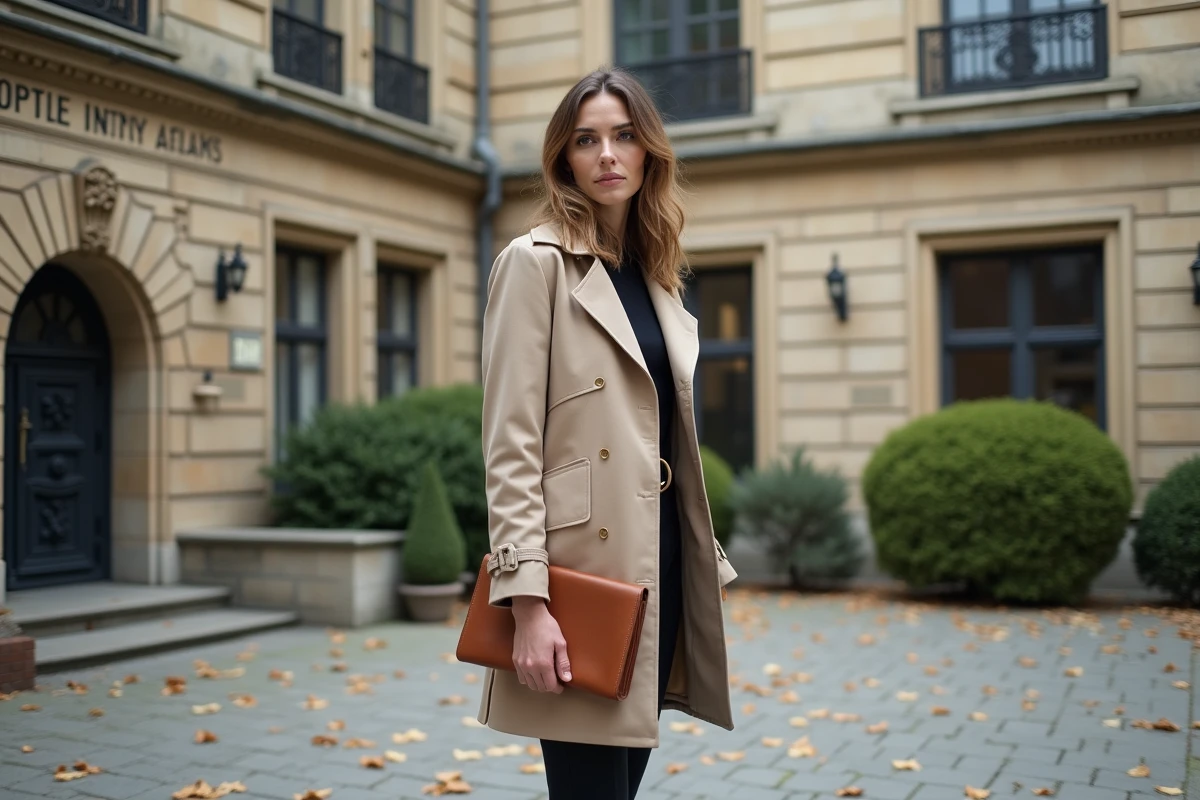 Femme tenant un portfolio devant un bâtiment institutionnel historique, évoquant les étapes clés du parcours professionnel de Laurène Godey jusqu'en 2026