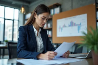 Jeune femme professionnelle consultant une chronologie de carrière dans un bureau moderne, illustrant le parcours et la biographie de Laurène Godey