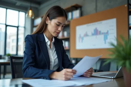 Jeune femme professionnelle consultant une chronologie de carrière dans un bureau moderne, illustrant le parcours et la biographie de Laurène Godey